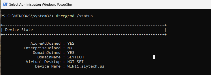 dsregcmd output showing AzureAdJoined YES and DomainJoined YES