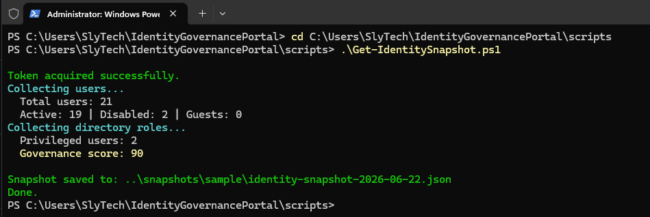 Terminal output from Get-IdentitySnapshot.ps1 showing successful collection