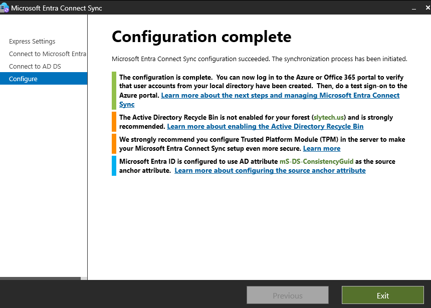 Entra Connect configuration complete