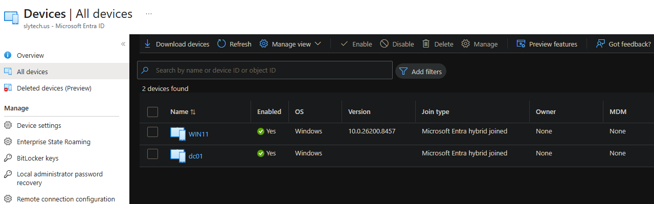 Entra ID Devices list showing WIN11 as Microsoft Entra hybrid joined