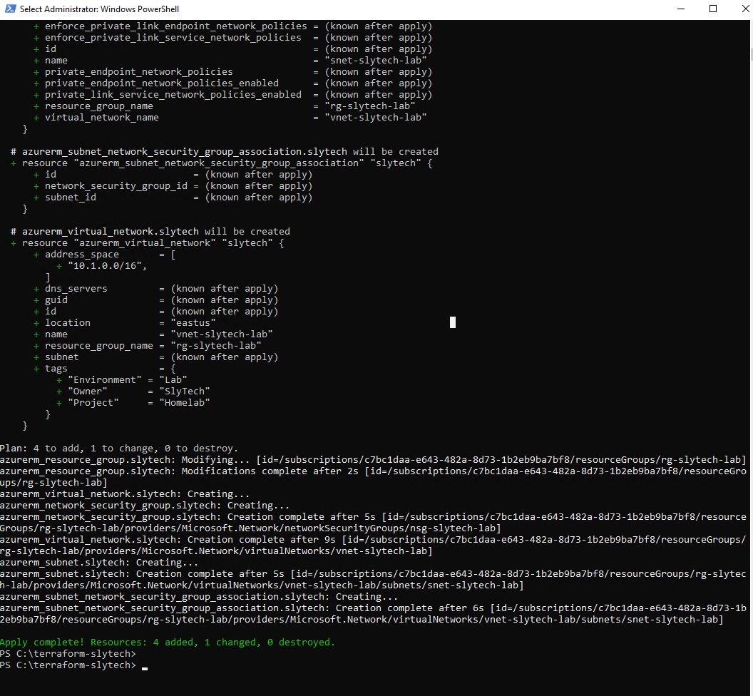 Terraform apply complete showing 4 added, 1 changed