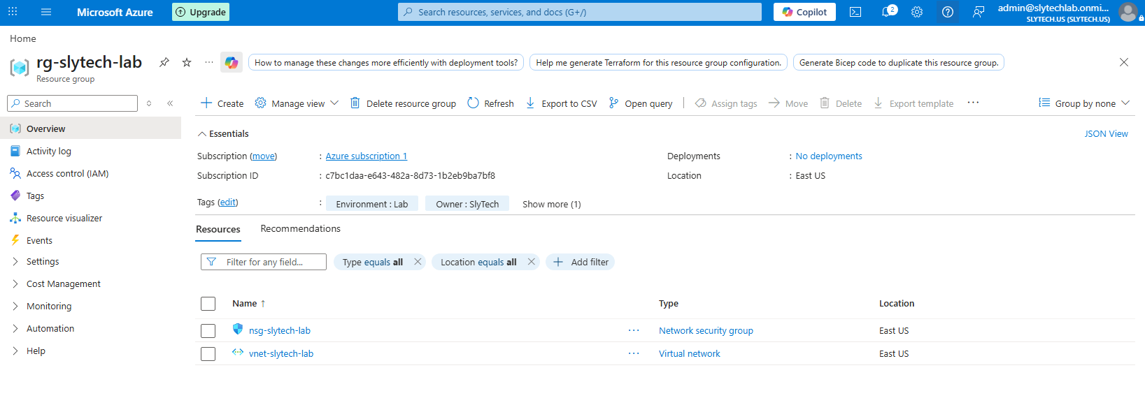 Azure resource group showing VNet and NSG deployed