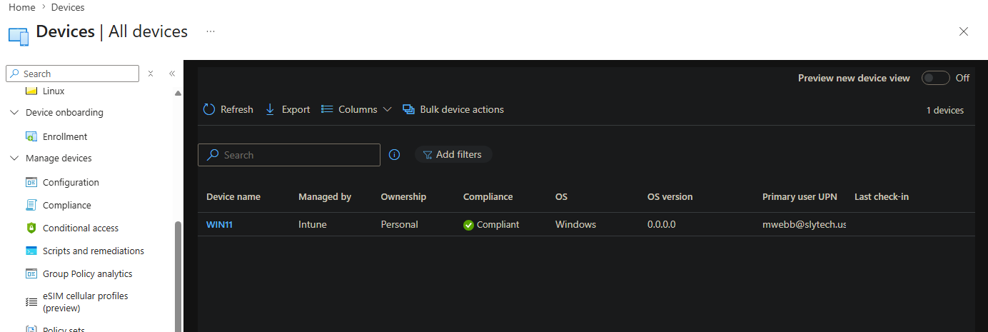 WIN11 listed in Intune all devices view showing Compliant status