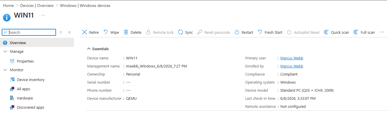 WIN11 listed in Intune all devices view showing Compliant status