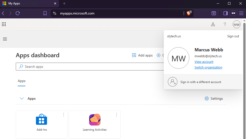 My Apps portal showing successful sign-in as mwebb@slytech.us