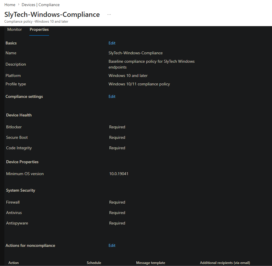 Compliance policy SlyTech-Windows-Compliance in Intune