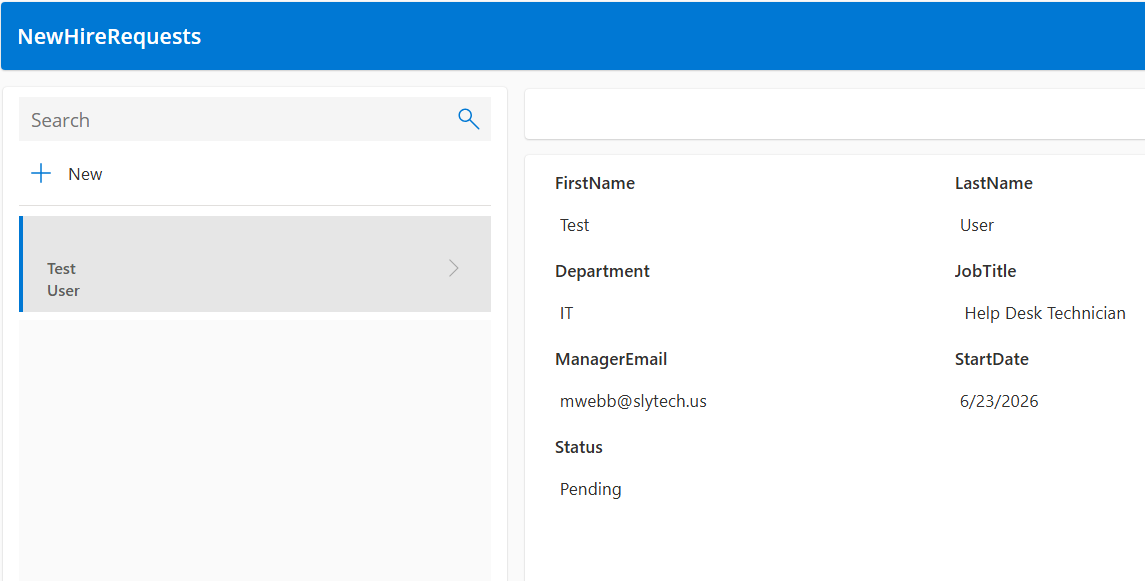 Test request submitted through Power Apps