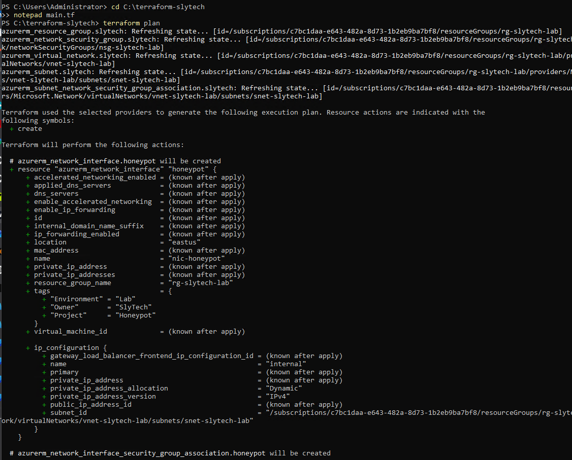Terraform plan showing honeypot resources to be created