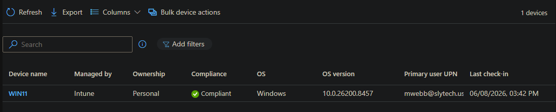 WIN11 showing Compliant status in Intune device list