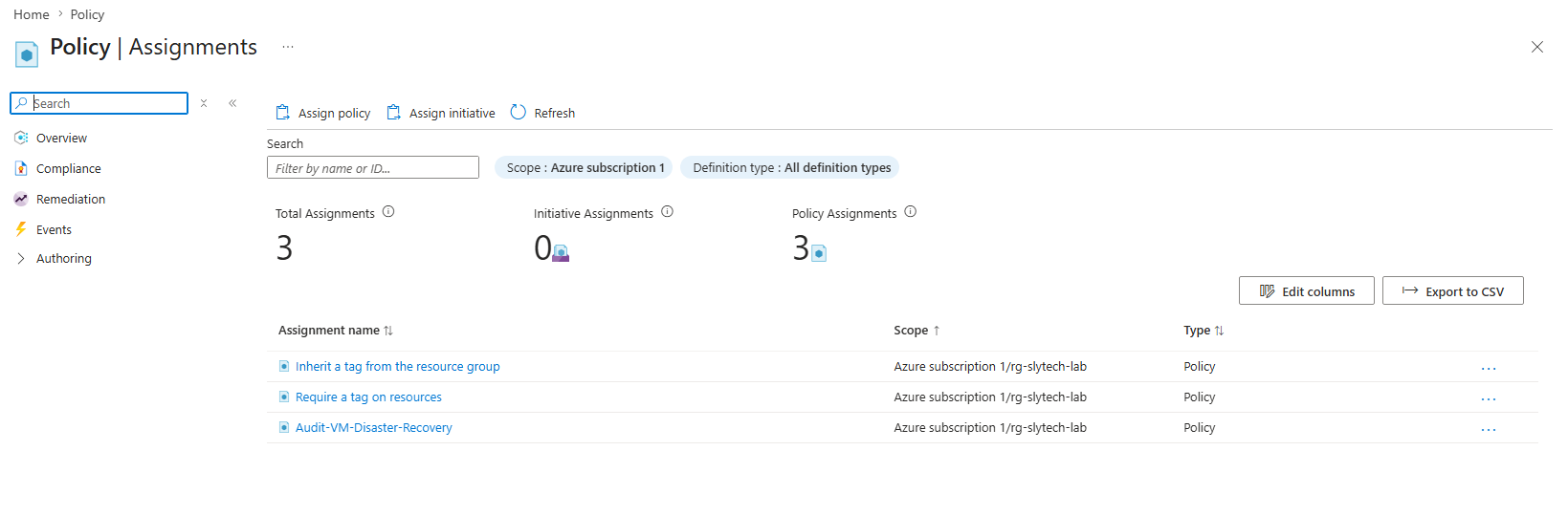 Azure Policy assignments showing all three policies