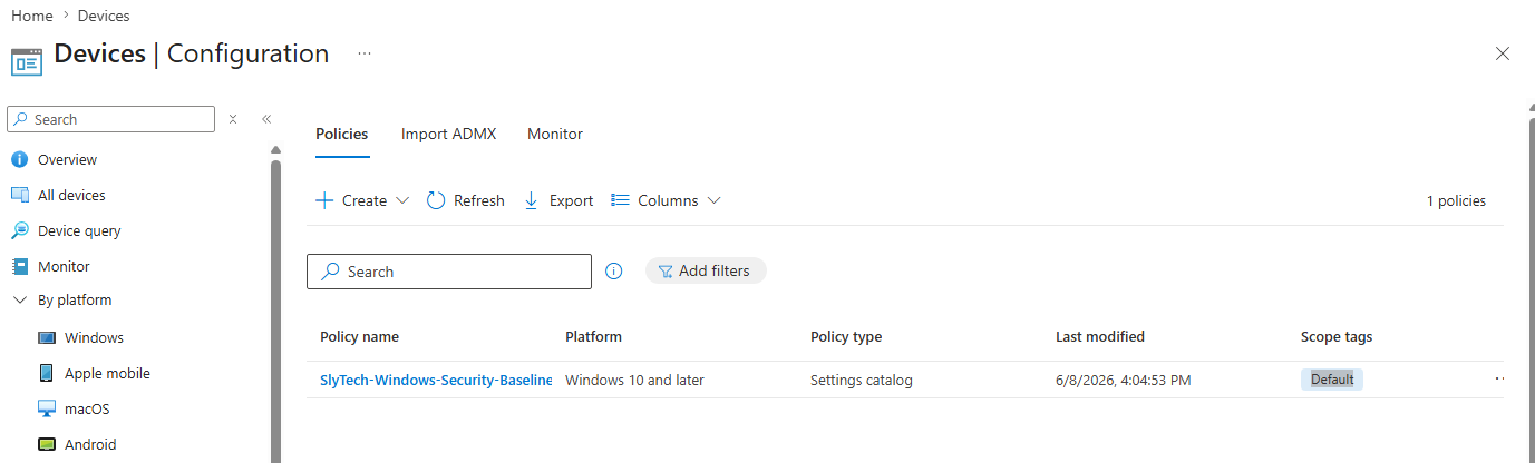 SlyTech-Windows-Security-Baseline configuration profile in Intune
