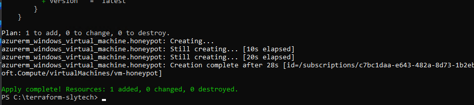 Terraform apply complete showing all resources created successfully