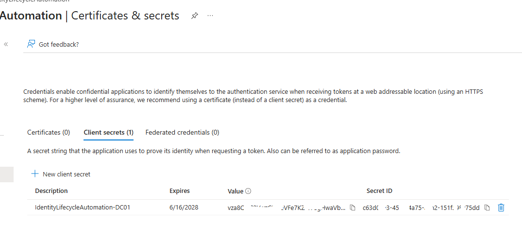 Client secret created