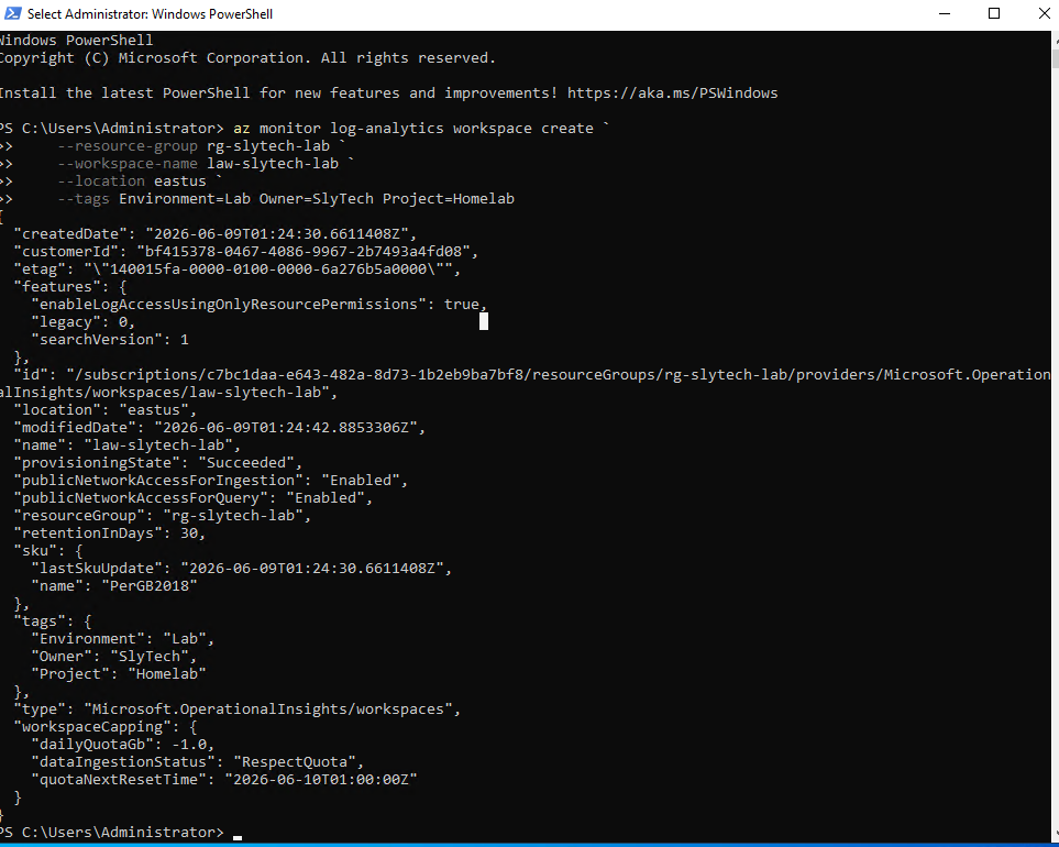Log Analytics workspace created via CLI with tags confirmed