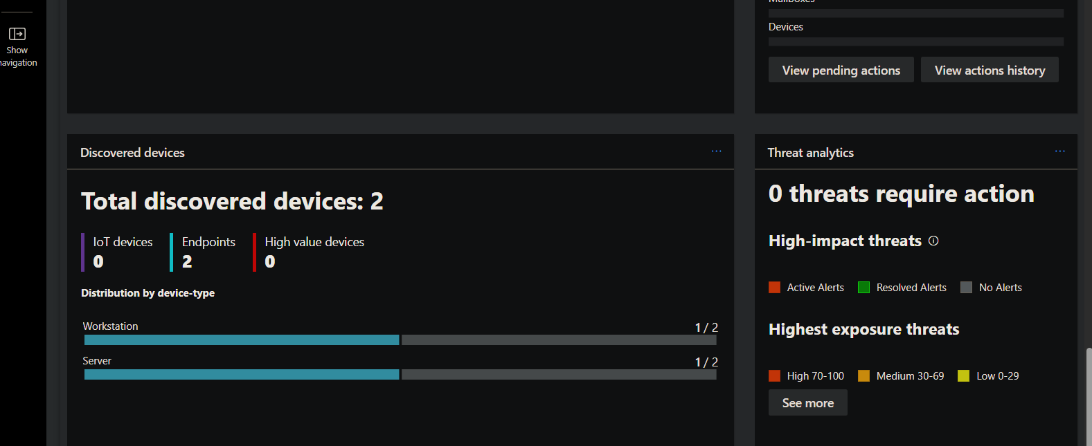 Defender for Endpoint dashboard showing 2 onboarded devices and Intune management