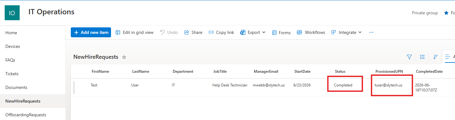New hire request marked completed