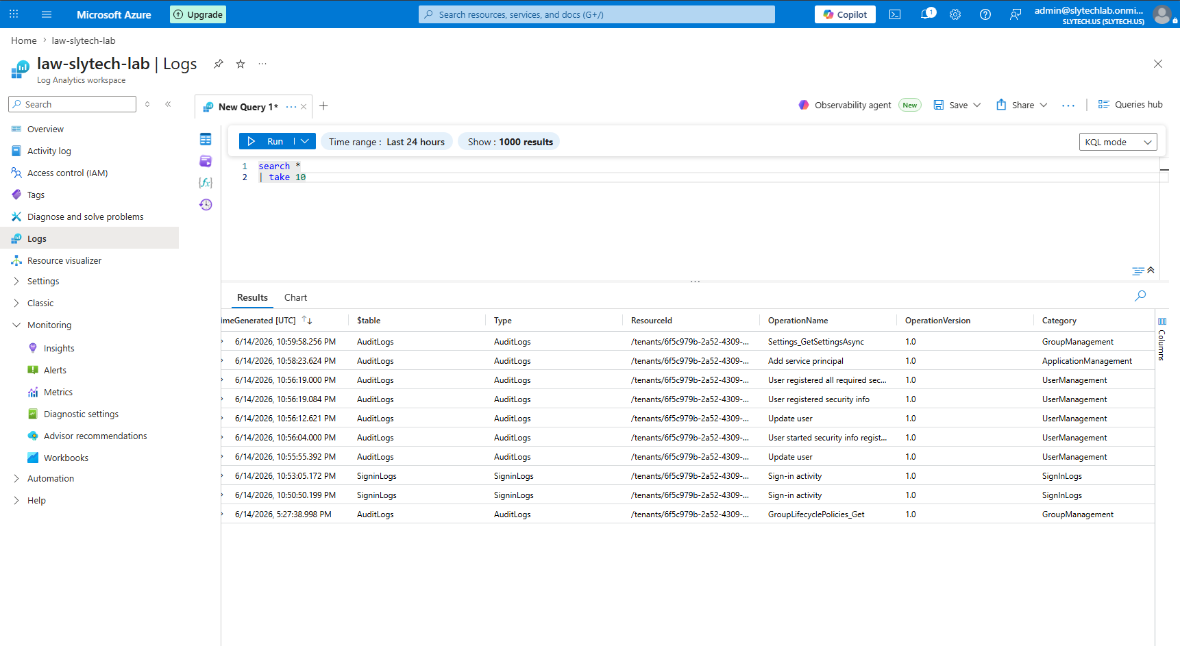 Log Analytics query returning live AuditLogs data