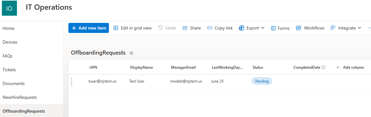 Offboarding request pending in SharePoint