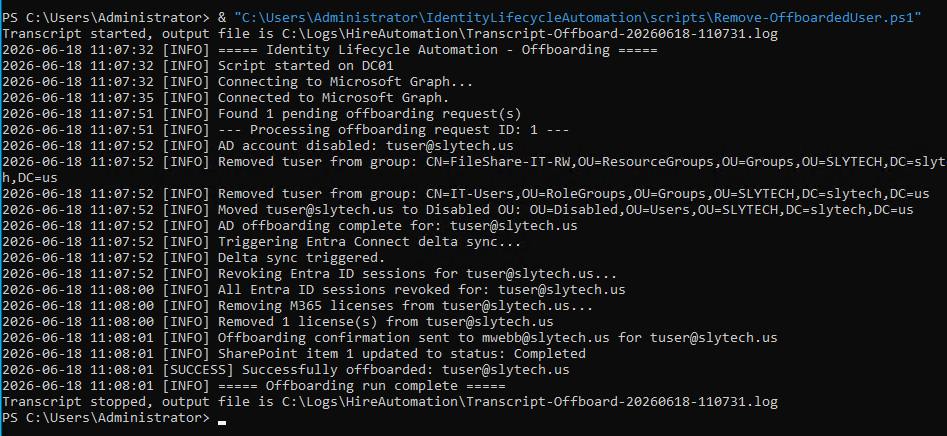 Offboarding run complete in the CLI