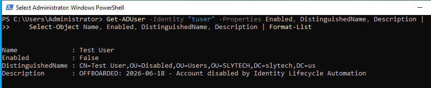 User disabled and moved to Disabled OU