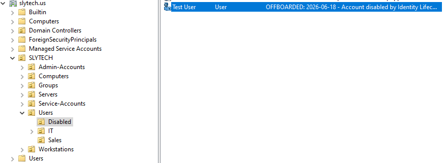 User disabled OU detail view