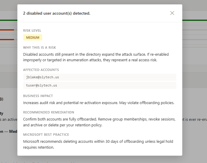 Finding detail panel showing business impact and remediation for a disabled account finding