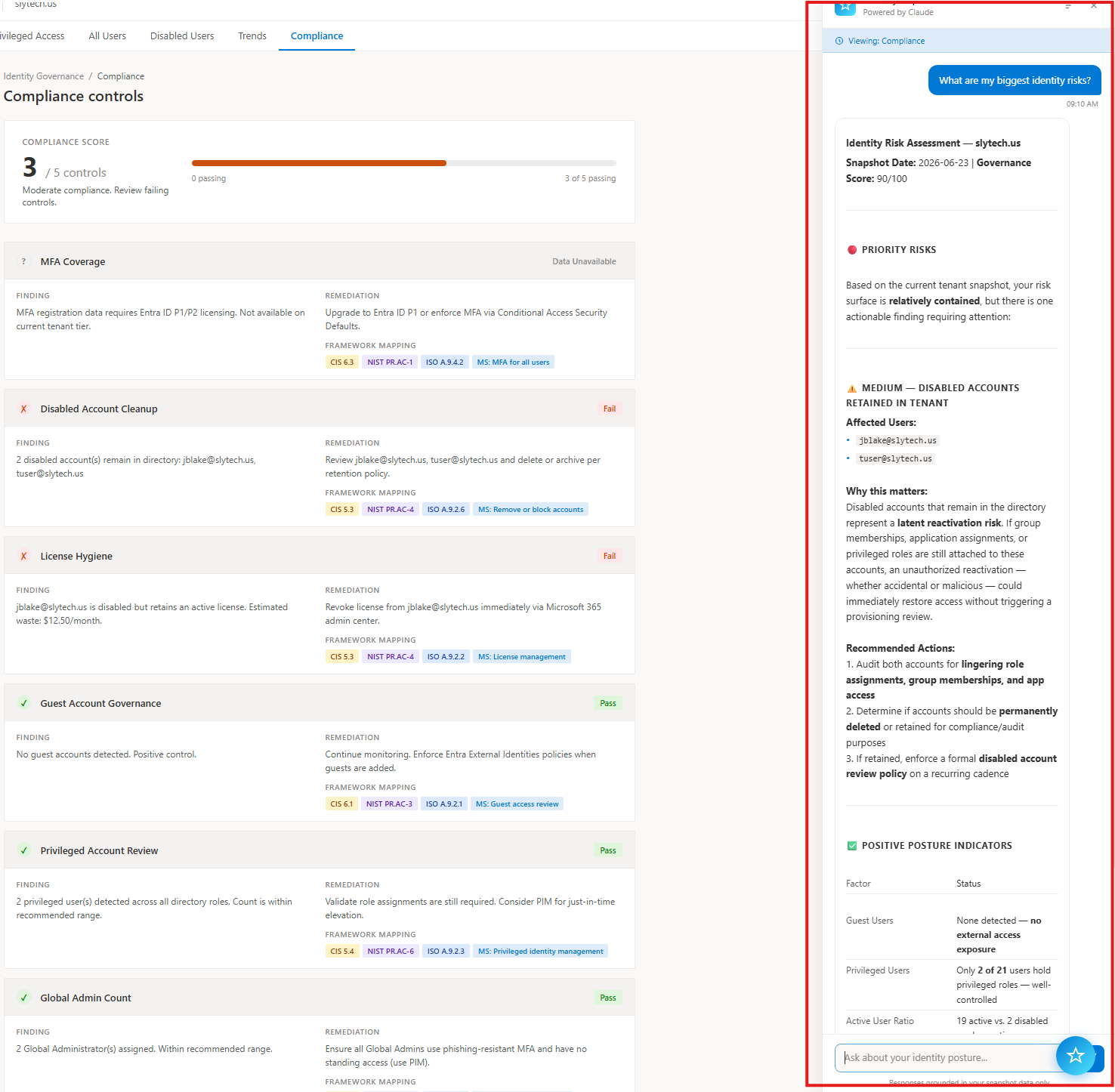 AI Copilot chat panel showing a governance question with a grounded response